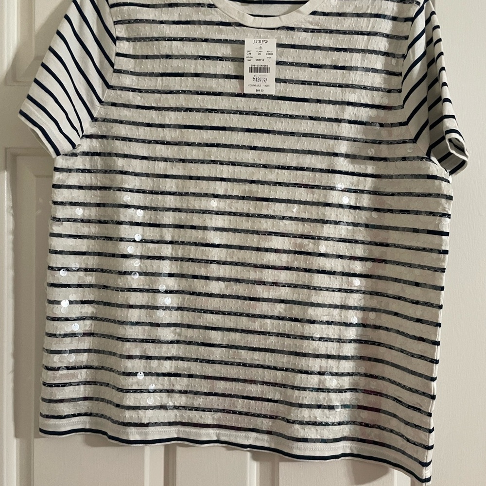 J. Crew Navy and White Sequin Tee